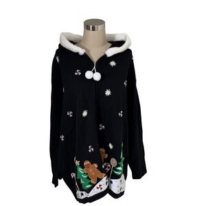 Lemon Grass Petite Black Gingerbread Christmas Ugly Sweater Hoodie 3XWP 3X NWT